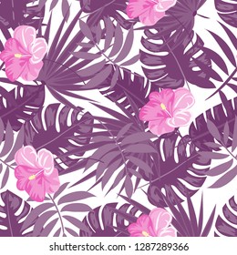 Summer seamless pattern with tropical flowers and leaves.