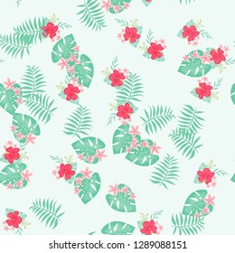 Summer seamless pattern with tropical flowers and leaves.