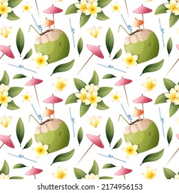 El patrón veraniego sin fisuras con flores tropicales y cócteles de coco. Frangipani, coco. Adecuado para papel de pared, tela, papel, etc.