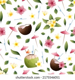 Summer seamless pattern with tropical flowers and coconut cocktail. Hibiscus, frangipani, coconut. Suitable for wallpaper, fabric, paper, etc