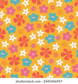 Summer seamless pattern with tropical flowers on yellow background. Perfect for seasonal greetings, wallpaper, wrapping paper, fabric. Vector illustration