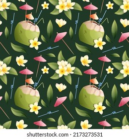 Summer Seamless Pattern With Tropical Frangipani Flowers And Coconut Cocktail On A Green Background. Suitable For Wallpaper, Fabric, Paper, Etc.