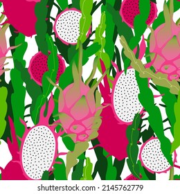 Summer seamless pattern with tropical fruit. Vector floral repeatable backdrop. Red dragonfruits with green stems background.