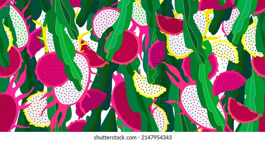 Summer seamless pattern with tropical fruit. Vector floral repeatable backdrop. Magenta and yellow dragonfruits with green stems background.