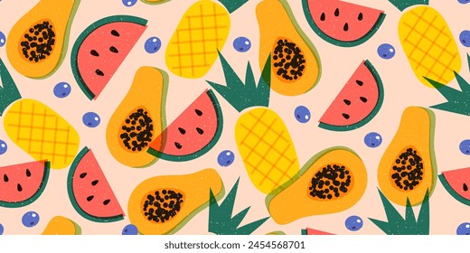 Summer seamless pattern with tropical fruits. Trendy risograph style. Background with pineapple, watermelon, papaya, blueberry. Pattern with simple vector fruits and grain texture. 80s style design.