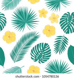 Summer seamless pattern with tropical leaves and yellow flowers for textile, wallpapers, gift wrap and scrapbook. Vector illustration