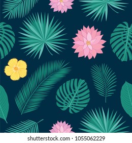 Summer seamless pattern with tropical leaves and flowers for textile, wallpapers, gift wrap and scrapbook. Vector illustration.