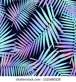 Summer seamless pattern with tropical leaves and holographic effect. Colorful summer print for textile, cards, posters etc. Vector tropical illustration