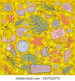 Summer seamless pattern with tropical leaves cocktail,palm,camera, swimsuit,hibiscus,shell,glasses, flowers,ice cream,coralsun cream on a yellow background