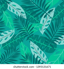 Summer seamless pattern with tropical leaves on green background. Vector design. Flat jungle print. Floral background.