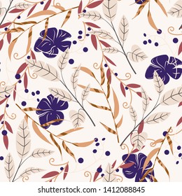 Summer seamless pattern with tropical leaves and flowers on white background. Vector design. Jungle print. Textiles and printing.
