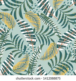 Summer seamless pattern with tropical leaves on grey background. Vector design. Jungle print. Textiles and printing.