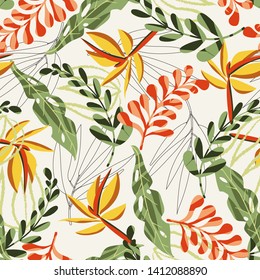 Summer seamless pattern with tropical leaves on white background. Vector design. Jungle print. Textiles and printing.