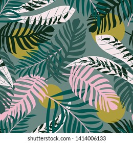 Summer seamless pattern with tropical leaves and plants on pastel background. Vector design. Jungle print. Textiles and printing.
