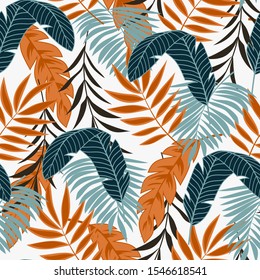Summer seamless pattern with tropical leaves on white background. Floral vector tropical pattern background with exotic leaves, jungle leaf. Hand draw texture. Vector template.
