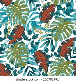 Summer seamless pattern with tropical leaves on white background. Vector hand draw background. Trendy summer Hawaii print. Seamless exotic pattern with tropical plants.