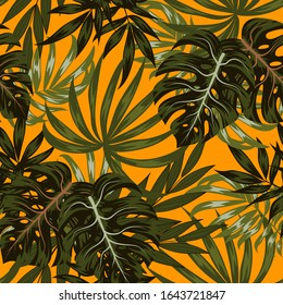 Patrón veraniego sin fisuras con hojas y plantas tropicales sobre un fondo amarillo colorido. Hermoso patrón floral vectorial sin fisuras. Papel pintado exótico de estilo hawaiano. Hojas de la jungla. 