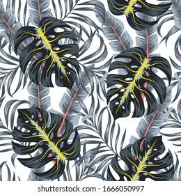 Patrón veraniego sin fisuras con hojas y plantas tropicales sobre un fondo claro. Texturas dibujadas a mano. Floral sin fisuras de fondo tropical vectorial con hojas exóticas, hoja de selva.