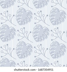 Summer seamless pattern. Tropical leaves template. Leaves and geometric pattern on white background. Vector illustration. Monochrome repeating texture. Modern ornament. Design paper, wallpaper. Stock.