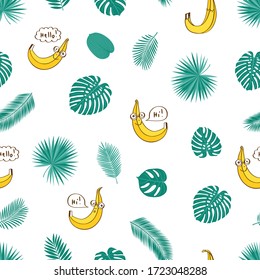 Summer seamless pattern with tropical leaves and cute bananas for fashion, wallpapers, print, textile, gift wrap and scrapbook. Vector illustration.