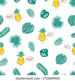 Summer seamless pattern with tropical leaves and cute pineapples for fashion, wallpapers, print, textile, gift wrap and scrapbook. Vector illustration.