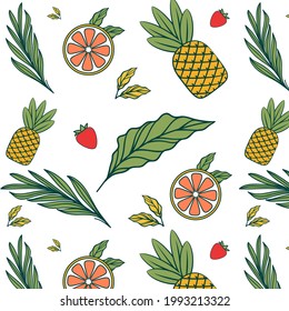 summer seamless pattern with tropical leaves, orange, pineapple, and strawberry