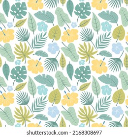 Summer seamless pattern of tropical leaves.
