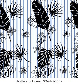 Patrón veraniego sin costuras con hojas tropicales sobre un fondo de rayas. Imprimir para tela, papel pintado, etc. Color negro y azul.
