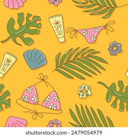 Summer seamless pattern with tropical leaves, sunscreen, bikini, shell in cute cartoon style, looped elements