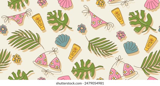 Summer seamless pattern with tropical leaves, sunscreen, bikini, shell in cute cartoon style, looped elements