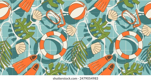 Summer seamless pattern with tropical leaves, lifebuoy, flippers, ball, goggles for swimming in the pool in cute cartoon style