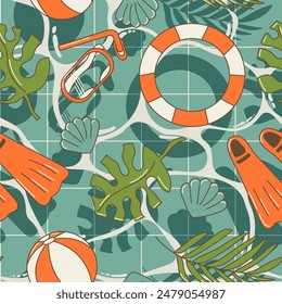 Summer seamless pattern with tropical leaves, lifebuoy, flippers, ball, goggles for swimming in the pool in cute cartoon style