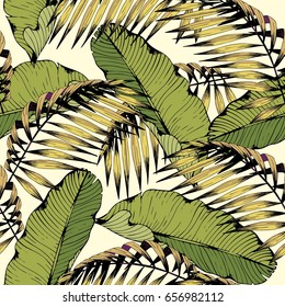 Patrón veraniego sin fisuras con hojas y ramas tropicales. Antecedentes decorativos vectoriales para el diseño y la decoración de textiles, prendas de vestir, accesorios, papel pintado, cortinas, cubiertas, estuches y embalajes