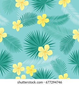 Summer seamless pattern with tropical leaves and yellow flowers for textile, wallpapers, gift wrap, covers and scrapbook. Vector illustration.