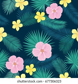 Summer seamless pattern with tropical leaves, yellow and pink flowers for textile, wallpapers, gift wrap, covers and scrapbook. Dark background.  Vector illustration.
