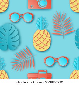 Summer seamless pattern with tropical palm leaves, retro photo camera, sunglasses and exotic fruit pineapple. Paper cut style, pastel colors