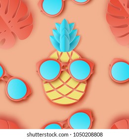 Summer seamless pattern with tropical palm leaves, rand cute pineapple in sunglasses. Paper cut style, pastel colors. Paper exotic fruit and glasses