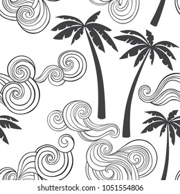Summer seamless pattern with tropical palm and waves . Monochrome vector illustration on a white background.