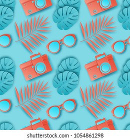 Summer seamless pattern with tropical palm leaves, retro photo camera, sunglasses. Paper cut style, pastel colors