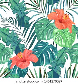 Summer seamless pattern with tropical palm leaves and hibiscus. Jungle fashion print. Hawaiian background. Vector illustration