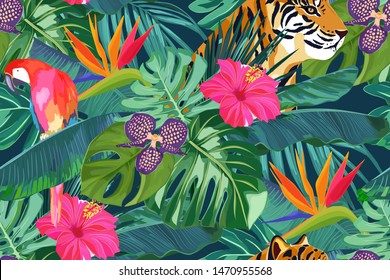 Summer seamless pattern with tropical palm leaves, flowers, parrot and tiger. Jungle fashion print. Hawaiian background. Vector illustration