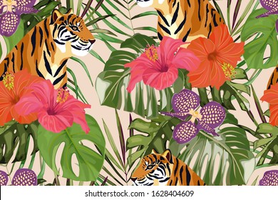 Summer seamless pattern with tropical palm leaves, orchid, hibiscus and tiger. Jungle fashion print. Hawaiian background. Vector illustration