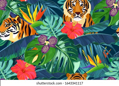Summer seamless pattern with tropical palm leaves, flowers and tiger. Jungle fashion print. Hawaiian background. Vector illustration