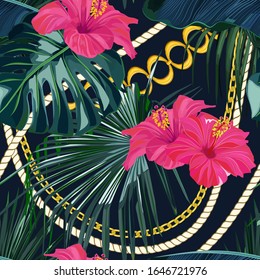 Summer seamless pattern with tropical palm leaves, chains and hibiscus. Jungle fashion print. Hawaiian background. Vector illustration