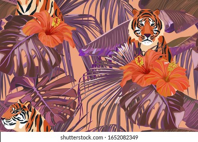 Summer seamless pattern with tropical palm leaves, tiger and hibiscus. Jungle fashion print. Hawaiian background. Vector illustration