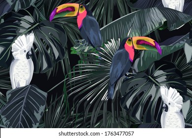 Summer seamless pattern with tropical palm leaves and wild birds, parrot, toucan. Jungle fashion print. Hawaiian background. Vector illustration