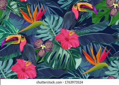 Summer Seamless Pattern With Tropical Palm Leaves, Flowers And Toucan. Jungle Fashion Print. Hawaiian Background. Vector Illustration