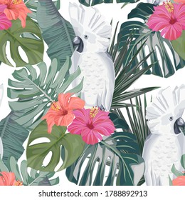 Sommernahtloses Muster mit tropischen Palmenblättern, Blumen und Papagei. Dschungelmodedruck. Hawaiianischer Hintergrund. Vektorgrafik