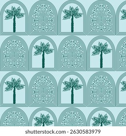 Summer  seamless pattern tropical  palm tree with in arch modern vector summer  geometric print for wallpaper, textile design , repeat background .