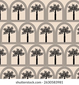Summer  seamless pattern tropical  palm tree with in arch modern vector summer  geometric print for wallpaper, textile design , repeat background .